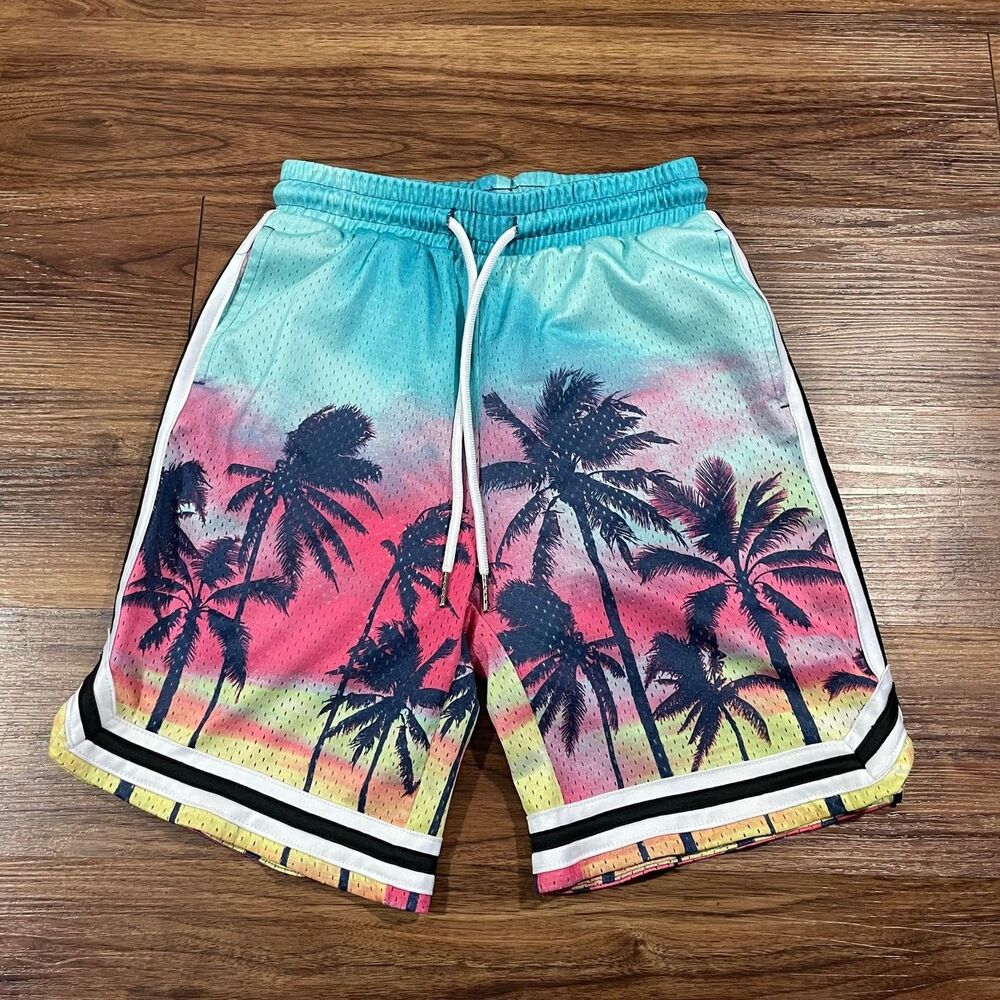 No Boundaries Palm Trees Printed Mesh Shorts Drawstring Lined Polyester Men's XS
